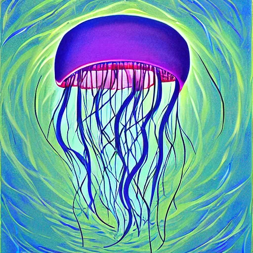 Image similar to jellyfish jumping up a mountain, alex gray