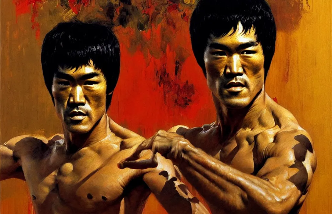 Image similar to portrait of bruce lee!!!!!!!!!!!!!!!!!!!!!!!!!!!, detailed face, detailed painting, epic lighting, by ilya repin, phil hale and kent williams