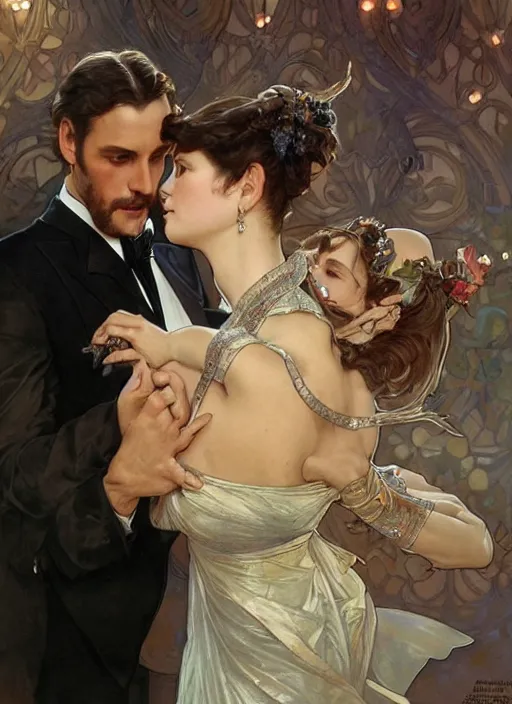Prompt: an elegant couple, a man and a woman, dance together at a ball. romantic. close up on highly detailed faces. painting by artgerm and greg rutkowski and alphonse mucha.