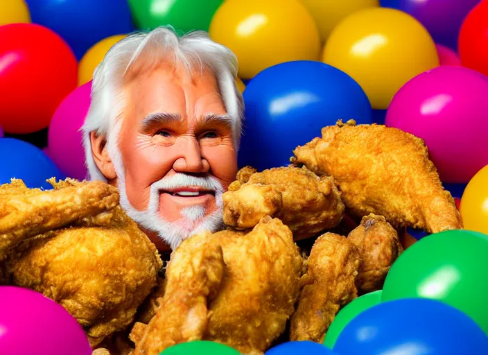 Prompt: photo still of kenny rogers in a ball pit filled with fried chicken!!!!!!!! at age 4 6 years old 4 6 years of age!!!!!!!! hiding from parents, 8 k, 8 5 mm f 1. 8, studio lighting, rim light, right side key light