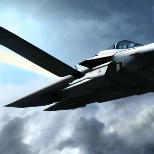 Prompt: Picture of X-02S Strike Wyvern flying close to some clouds in sunny sky, Ace Combat, rendered in Cry Engine, realistic