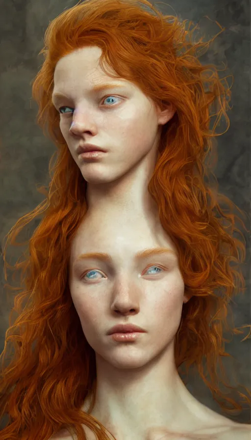 Prompt: epic masterpiece young ginger cindy crowford, sweaty skin, hyperrealistic, octane render, cinematic, beautiful face and flawless skin, perfect hands, 5 fingers, by edgar maxence and ross tran and michael whelan, legends of runeterra