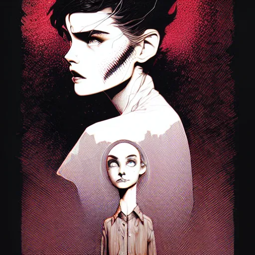 Image similar to portrait top light, by killian eng and joe fenton and martin deschambault and conrad roset, inspired by city of lost children, red and grey only, etching, fine, sharp high detail,
