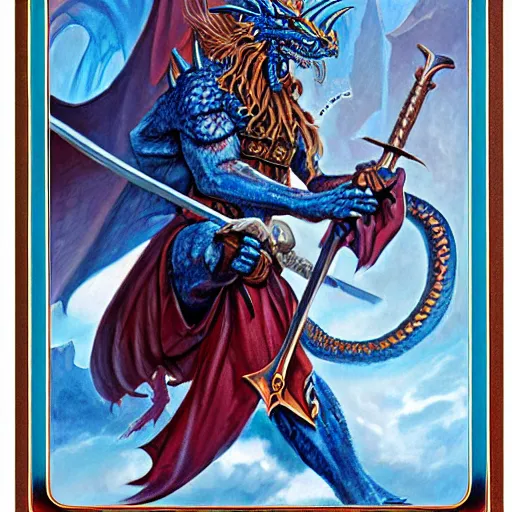 Image similar to half length portrait of a medieval d & d fantasy anthropomorphic blue dragon - human hybrid sorcerer, d & d rulebook cover art by jeff easley