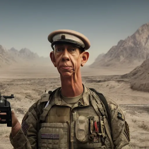 Image similar to hyperrealistic dslr film still of barney fife surprised in afghanistan war, stunning 8 k octane comprehensive 3 d render, inspired by istvan sandorfi & greg rutkowski & unreal engine, perfect symmetry, dim volumetric cinematic lighting, extremely hyper - detailed, extremely lifelike attributes & lifelike texture, intricate, masterpiece, artstation, stunning