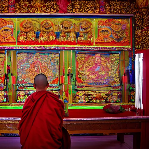 Image similar to portrait of a tibetan monk with facial cybernetic enhancements praying to a futuristic screen altar inside a tibetan temple, photography