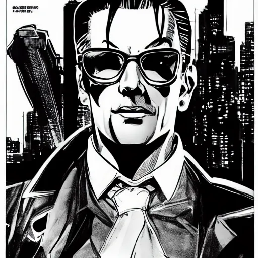 Image similar to a cyberpunk young mafia boss with slicked back hair, in a cyberpunk setting, comic book art, cyberpunk, art by stan lee, pen drawing, inked, colorful, bright high tech lights, dark, moody, dramatic, deep shadows, marvel comics, dc comics