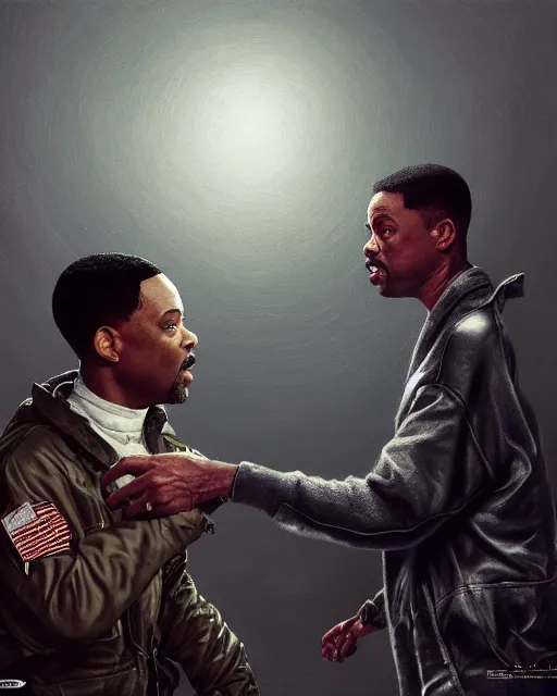 Image similar to will smith slapping chris rock, accurate details, detailed face, dramatic, intricate, elegant, highly detailed, digital painting, artstation, concept art, smooth, sharp focus, illustration, art by Gustave Dore, octane render