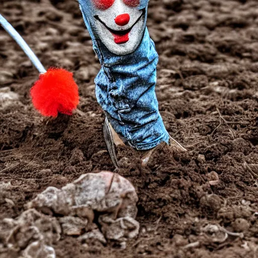 Prompt: a walking clump of dirt with a clown face