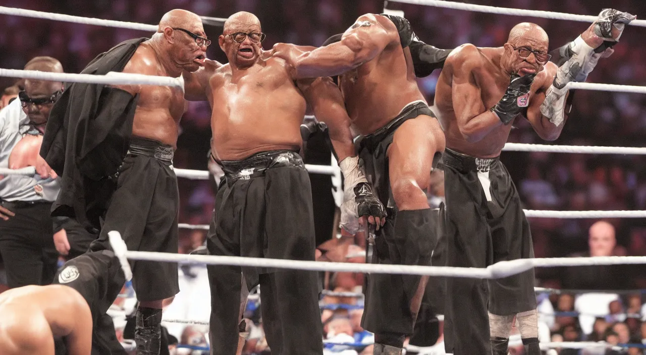 Image similar to still of teddy long telling bigfoot he's going to go one on one with the undertaker