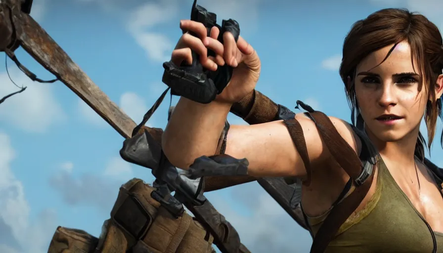 Prompt: emma watson as lara croft in the new videogame, 8 k screenshot closeup