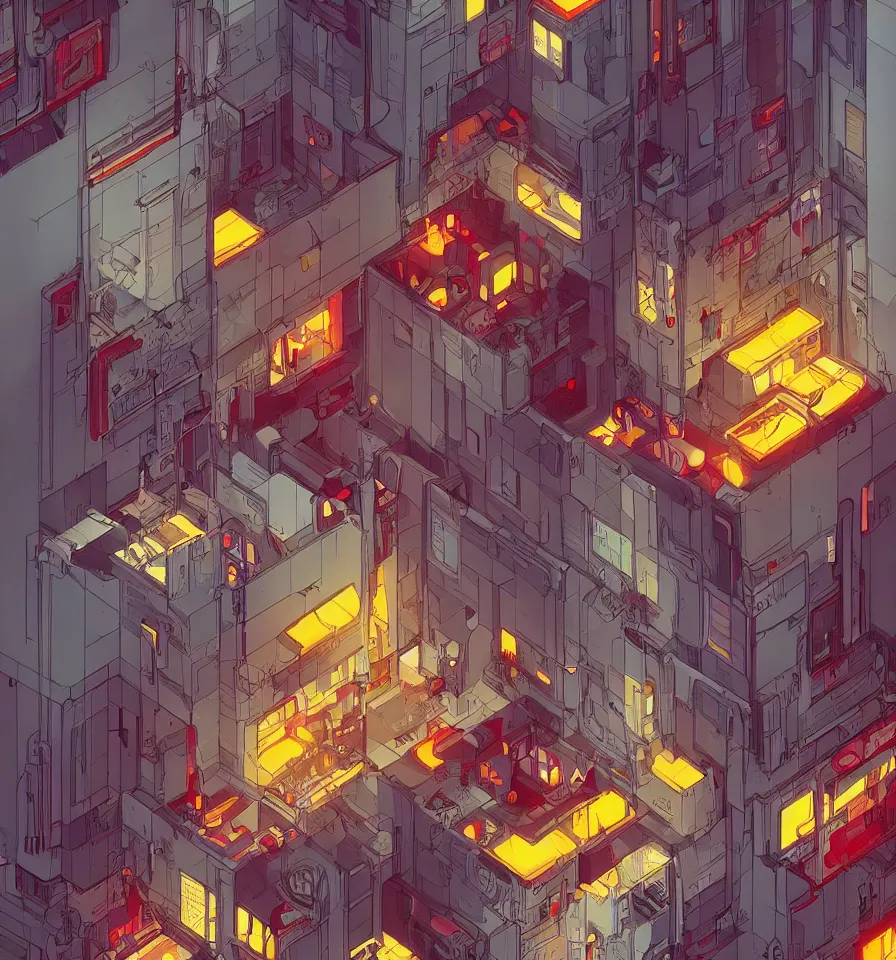 Prompt: a beautiful 2D cyberpunk architecture, rooms, interior, garden, dark bluish gray, shades of dark crimson red, warm yellow, glowing objects, intricate, layers, depth, by James jean, trending on ArtStation