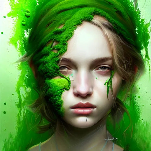 Image similar to a portrait of a girl covered in moss, face, intricate, elegant, highly detailed, digital painting, artstation, concept art, smooth, sharp