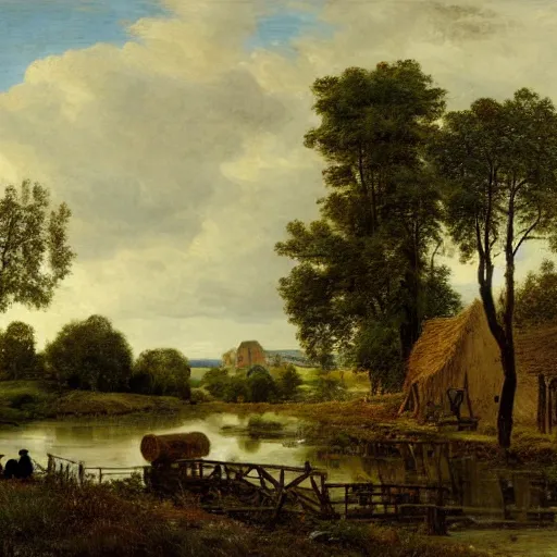 Prompt: Hay Wain, rural scene of a waterwheel on the Herper River. Oil on canvas, 1821, by Lewis Fowler