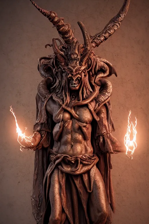 Image similar to elaborate biblical statue demon, Asmodeus, sin, Nuttavut Baiphowongse, Mark Armstron, horror, amad, artstation rendered by octane, 8k, ultra 8k, hyper realistic, photorealistic, photo, cinematic lighting, ambient lighting from top