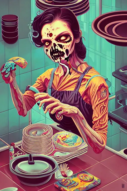 Prompt: a zombie mom washing dishes, tristan eaton, victo ngai, artgerm, rhads, ross draws