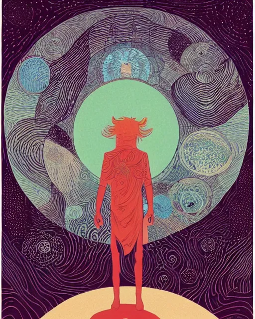 Image similar to a druid standing in a circle at the beginning of the world by Victo Ngai