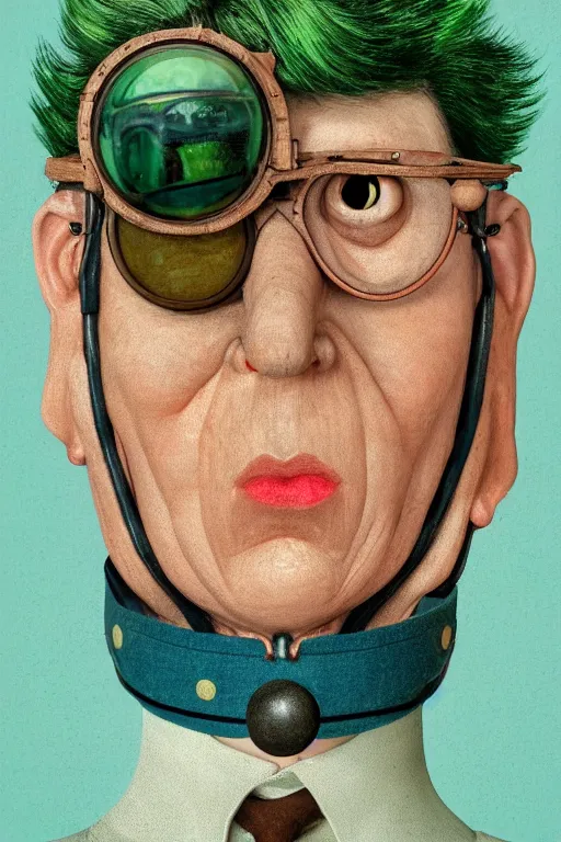 Prompt: the full body of a giant owl and a woman, close up portrait, ww 2 pilot goggles, fine facial features, symmetrical, sad, blue skin, green hair, in a forrest, inspired by edward hopper and grand budapest hotel, high resolution, octane render, high detailed masterpiece painting