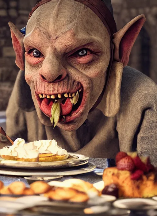 Image similar to closeup portrait of a medieval goblin eating cakes in the cloisters, depth of field, zeiss lens, detailed, symmetrical, centered, fashion photoshoot, by Annie Leibovitz and Steve McCurry, David Lazar, Jimmy Nelsson, Breathtaking, 8k resolution, extremely detailed, beautiful, establishing shot, artistic, hyperrealistic, beautiful face, octane render