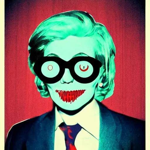 Prompt: a woman in a suit and tie with a creepy face, a screenprint by warhol, reddit contest winner, antipodeans, hellish, anaglyph filter, hellish background