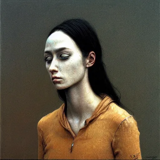 Prompt: portrait of 27 years old girl, painting by Beksinski