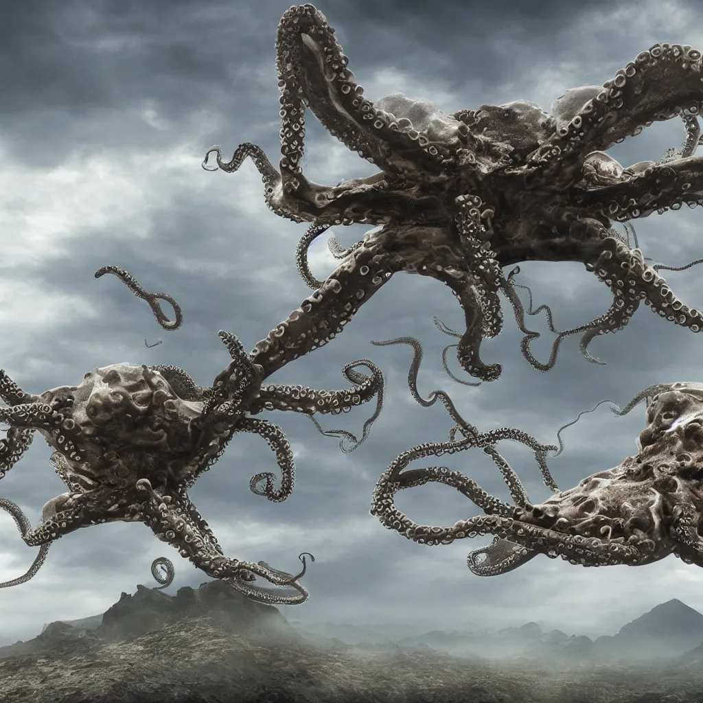 Image similar to organic octopus helicopter flying over a mountainous alien landscape, dramatic sci-fi movie still