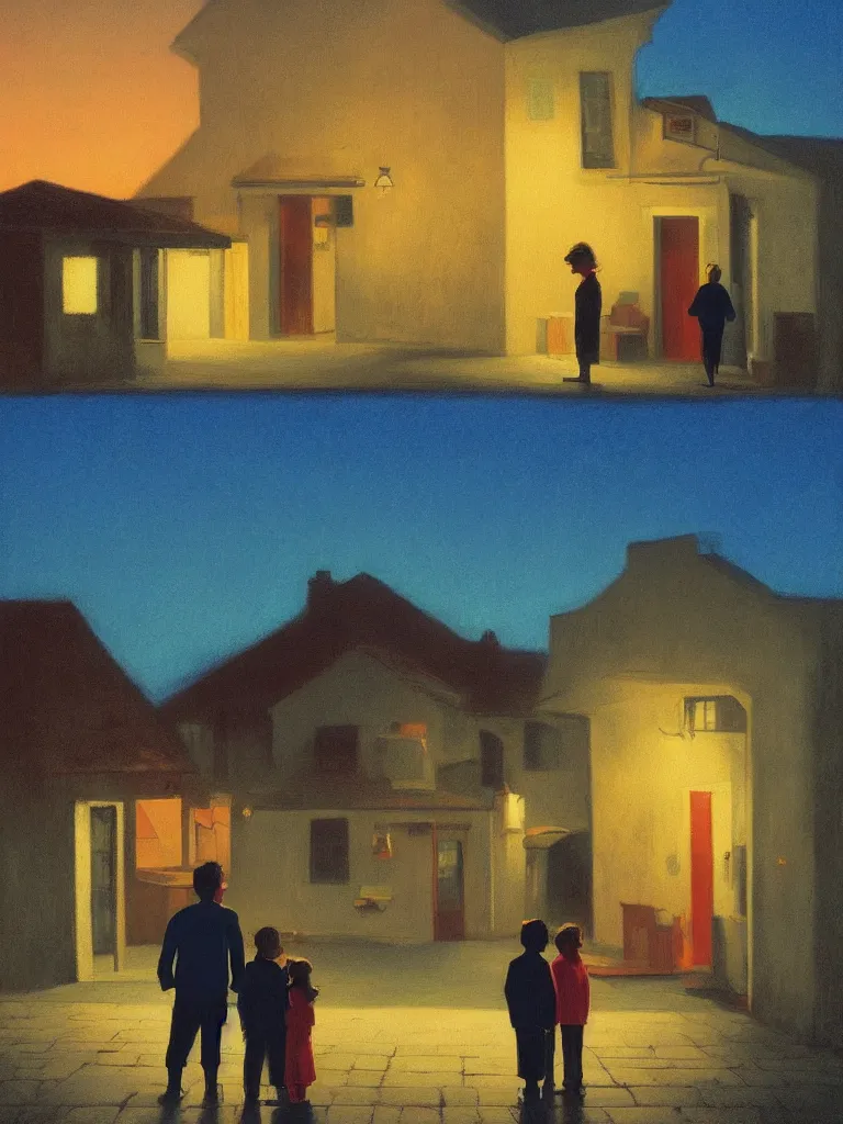 Image similar to two kids posing for a picture at night, dark, backlighting, small village, town square, artwork by edward hopper, james gilleard, zdzislaw beksinski, pastel colors, atmospheric