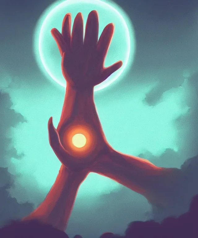 Prompt: a giant hand reaching from a portal in the sky, in the art style of robbie trovino, digital painting, artstation, instagram, sharp focus, illustration, surrealism