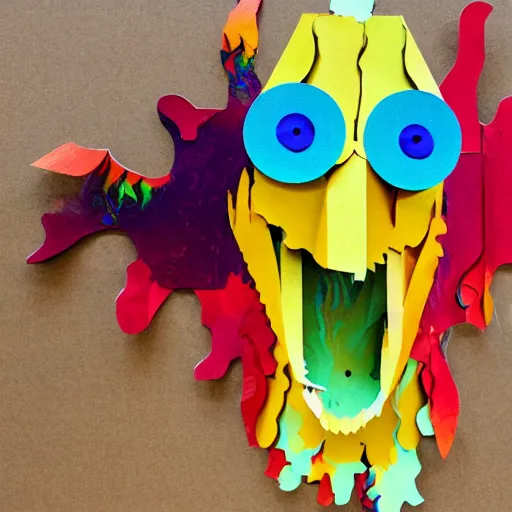 Image similar to a psychedelic overly scary monster made out of cardboard