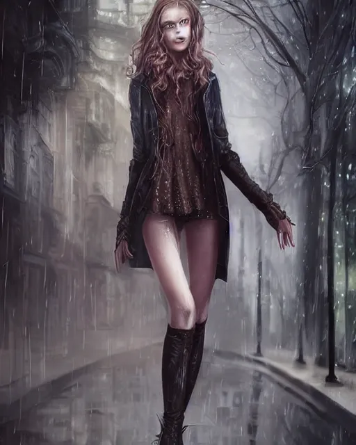 Image similar to a beautiful female, 8 k, hyperrealistic, hyperdetailed, modern clothes full length body, dark fantasy, dark street walking, rain, fantasy portrait by laura sava