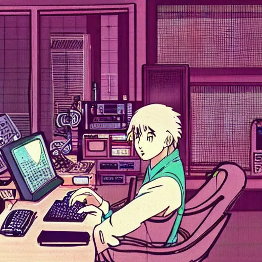 Image similar to man working at his computer in the 8 0 s, vaporwave nostalgia, 8 0 s anime, studio ghibli, sketched by osamu tezuka