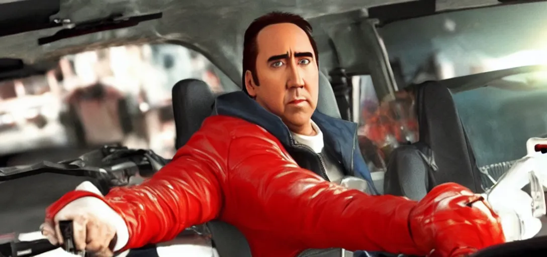 Prompt: nicholas cage in a mario kart, movie still, from the new fast and furious movie, hd, 8 k