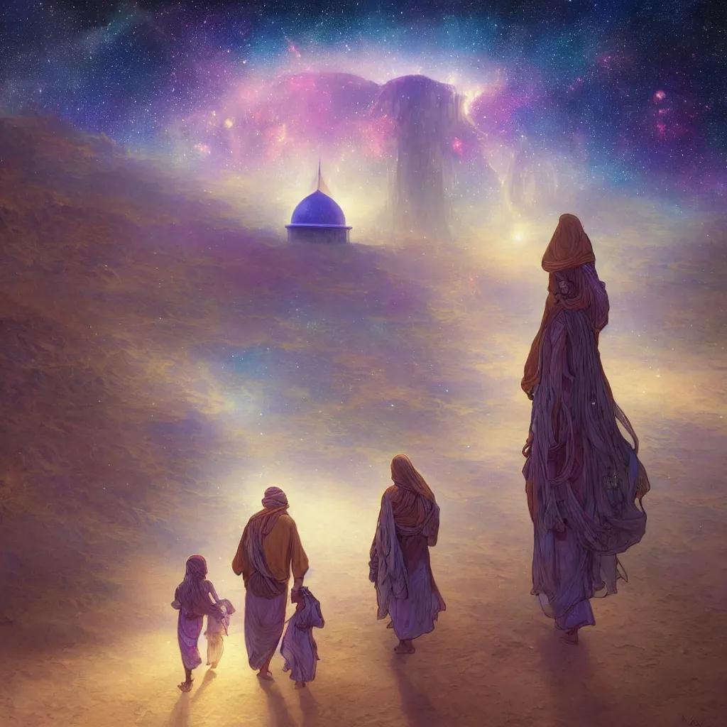 Image similar to bedouin man and woman and child in galaxy walking towards mosque surrounded by nebula, highly detailed, gold filigree, romantic storybook fantasy, soft cinematic lighting, award, disney concept art watercolor illustration by mandy jurgens and alphonse mucha and alena aenami, pastel color palette, featured on artstation