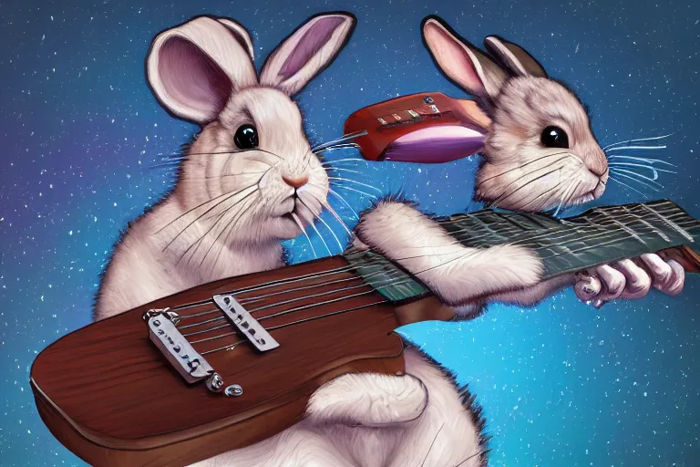 Image similar to A hyperdetailed digital oil painting of A rabbit is playing the guitar,cartoon, Trending on ArtStation and DeviantArt