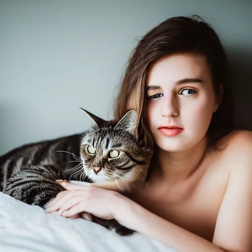 Prompt: a beautiful girl rests on a bed holding a cat, 5 0 mm lens, f 1. 4, sharp focus, ethereal, emotionally evoking, head in focus, volumetric lighting, blur dreamy outdoor,