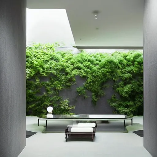 Prompt: “extravagant luxury apartment interior design, by Tadao Ando and Koichi Takada, art, black walls, plants”