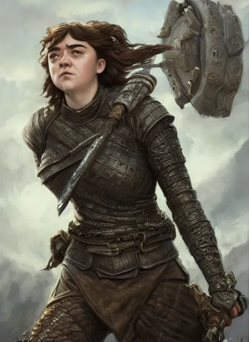 Image similar to angry Maisie Williams leading the charge as a ruggedly muscled handsome heroine, intricate, elegant, highly detailed, centered, digital painting, artstation, concept art, smooth, sharp focus, illustration, artgerm, donato giancola, Joseph Christian Leyendecker, WLOP, Artgerm