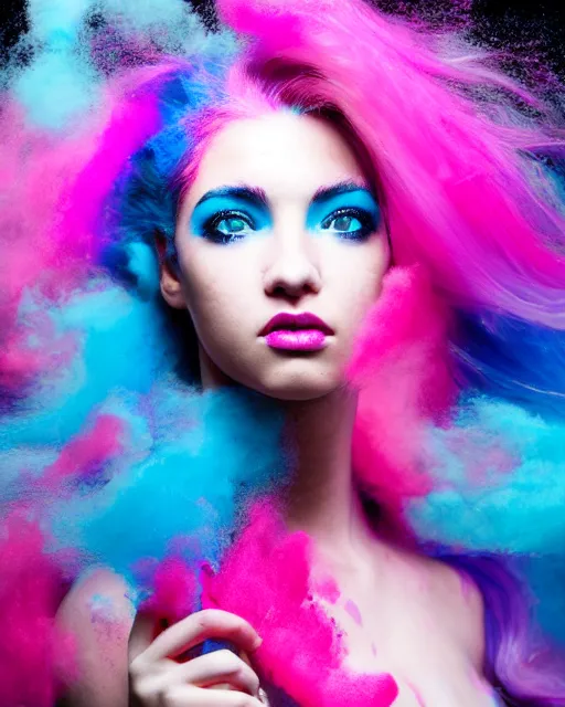 Image similar to a dramatic lighting photo of a beautiful young woman with cotton candy hair. paint splashes. with a little bit of cyan and pink