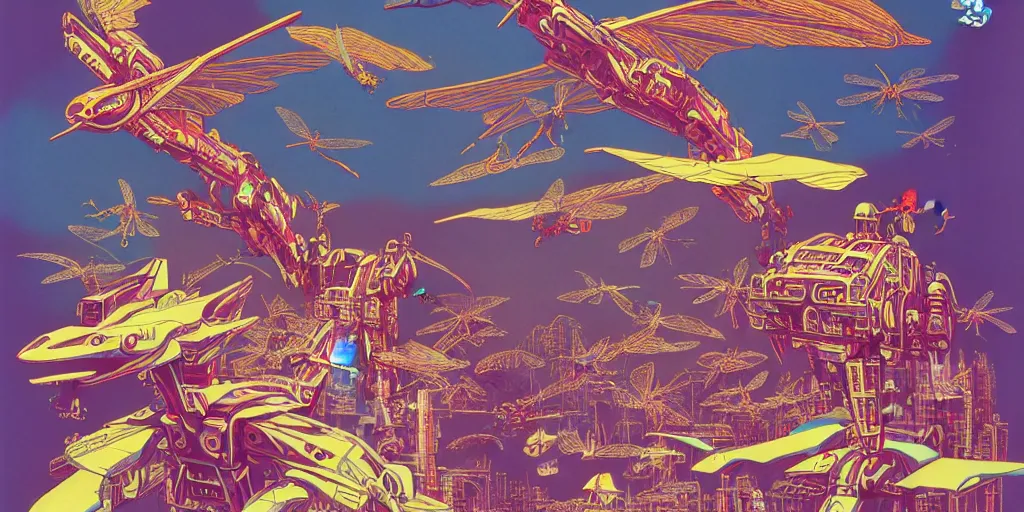 Image similar to risograph, gigantic mecha arzach birds with dragonflies, tiny rats, a lot of exotic animals around, big human faces everywhere, helicopters and tremendous birds, by satoshi kon and moebius, matte colors, surreal psychedelic design, crispy, super - detailed, a lot of tiny details, 4 k, fullshot