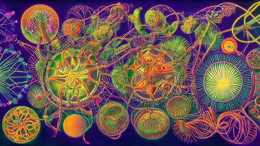 Image similar to quantum connections represented as symbiotic organisms like cells playing around with colorful lights by ernst haeckel, hyperrealistic