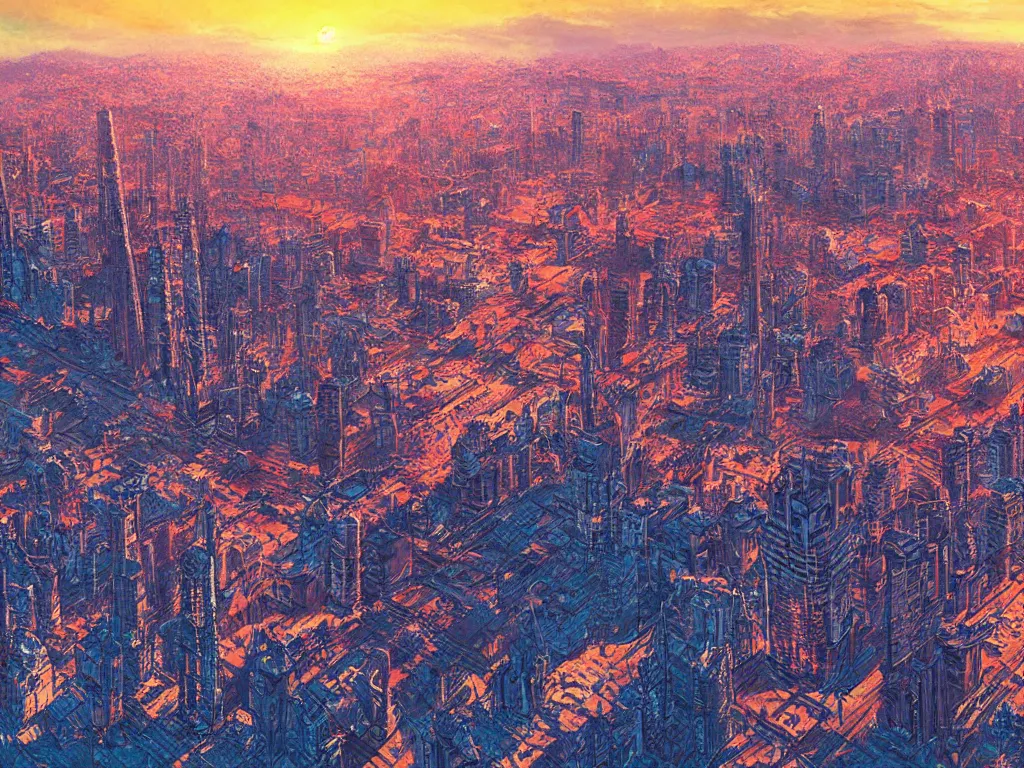 Image similar to birdseye view of a sunrise over a city, art by yoshitaka amano and alena aenami, cityscape