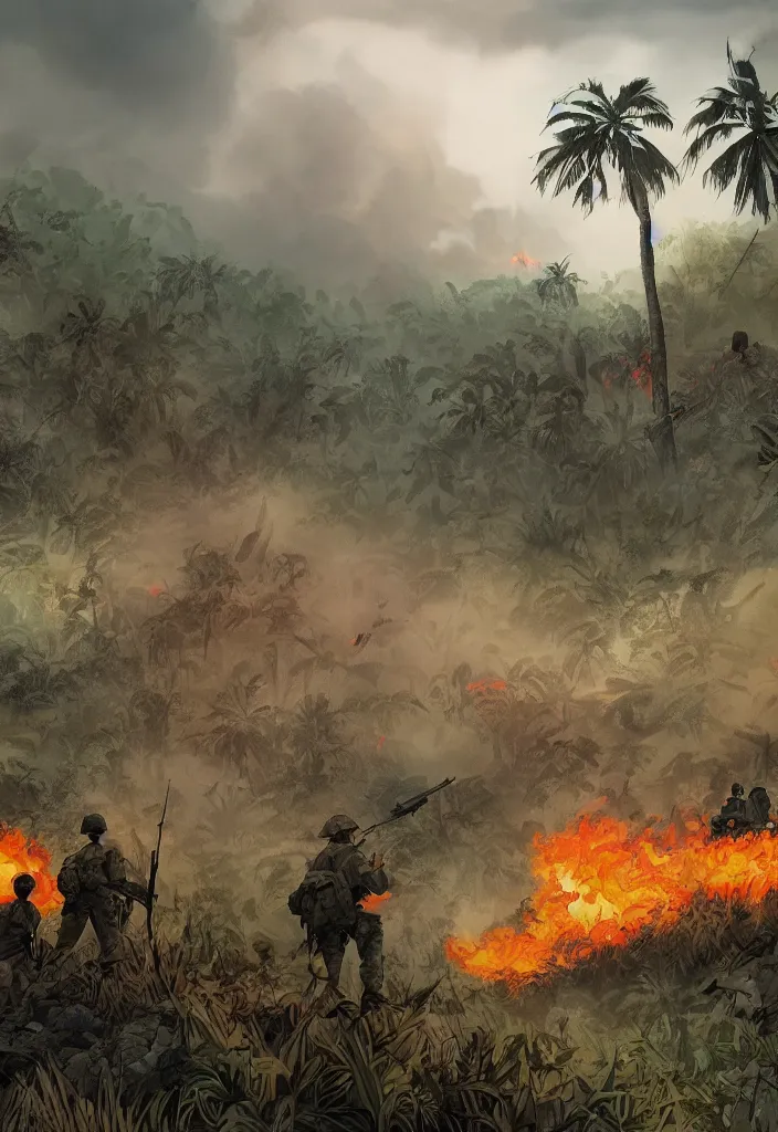 Image similar to handmade illustration of an epic Vietnam war scene with a few american soldiers walking, the jungle at the background, some smoke and fire, blue sky with dramatic clouds, line art, ink, watercolor by Kilian Eng and by Jake Parker, heavy brushstrokes, winning-award masterpiece, fantastic, octane render, 8K HD Resolution, High quality image