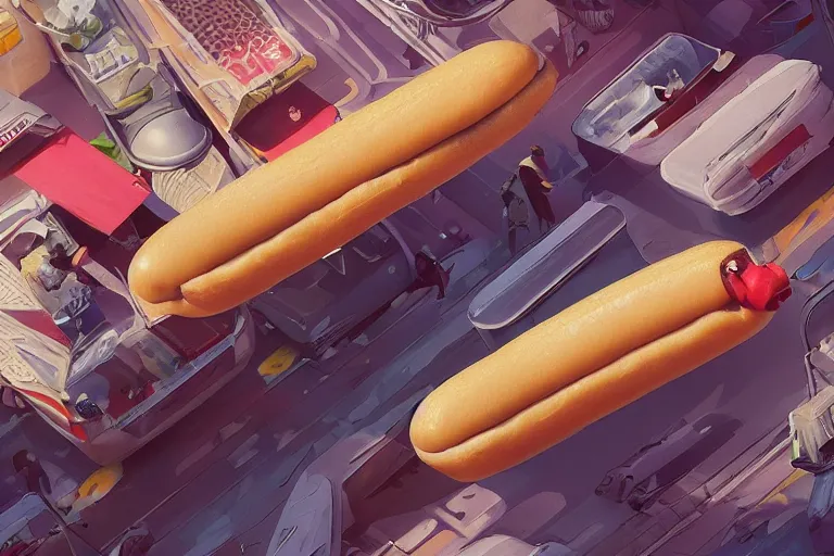 Prompt: ultra realistic illustration, flying vehicle of an hot dog seller, in a shape of an hot dog, sci fi, intricate, elegant, highly detailed, nobodies, digital painting, artstation, concept art, smooth, sharp focus, illustration, art by kezrek and daniel graffenberger