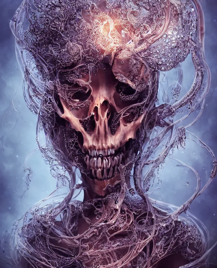 Image similar to close-up macro portrait of the face of a beautiful princess with animal skull mask, epic angle and pose, ribcage bones symmetrical artwork, 3d with depth of field, blurred background, cybernetic jellyfish female face skull phoenix bird, translucent, nautilus, energy flows of water and fire. a highly detailed epic cinematic concept art CG render. made in Maya, Blender and Photoshop, octane render, excellent composition, cinematic dystopian brutalist atmosphere, dynamic dramatic cinematic lighting, aesthetic, very inspirational, arthouse. y Greg Rutkowski, Ilya Kuvshinov, WLOP, Stanley Artgerm Lau, Ruan Jia and Fenghua Zhong