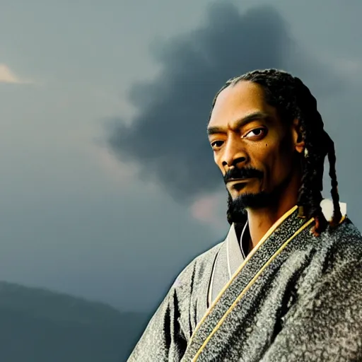 Image similar to cinematic film still of Snoop Dogg starring as a Samurai holding fire, Japanese CGI, VFX, 2022, 40mm lens, shallow depth of field, film photography