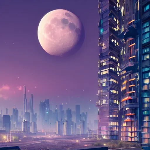 Prompt: fantasy modern city with many high rise under a moonlit, starry sky, lunarpunk, concept art, trending on art station, orange and teal color, cgsociety, octane render