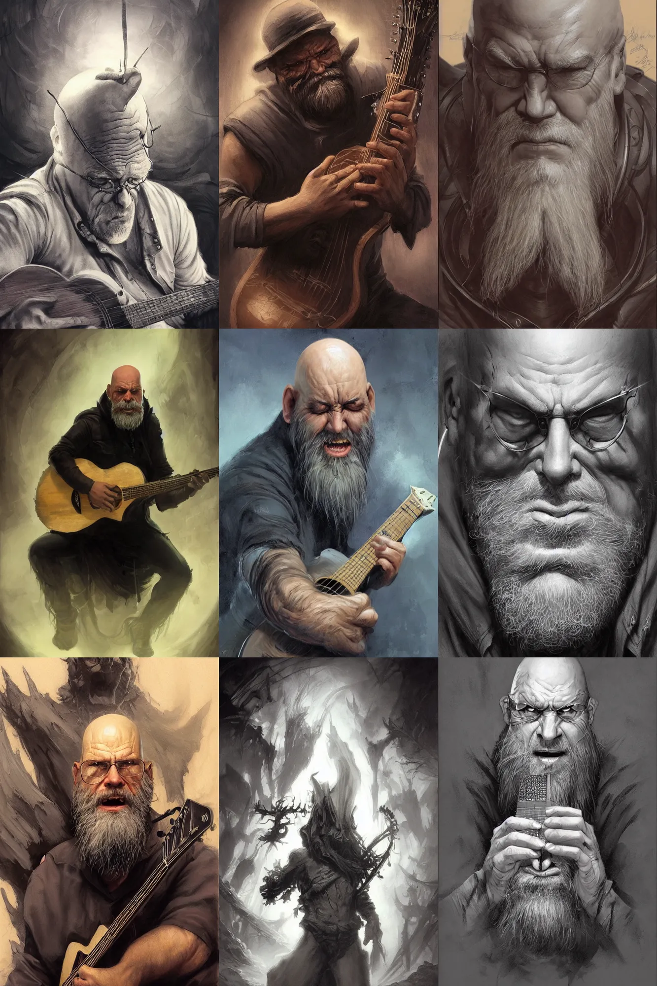 Prompt: a grumpy bald man with a long grey beard playing the acoustic guitar, black clothing, hyper - realistic detailed portrait, fantasy, magic the gathering, hyper detailed, concept art, peter andrew jones, frank frazetta, magali villeneuve, raymond swanland, greg hildebrandt