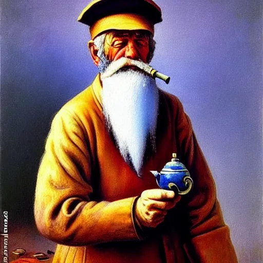 Image similar to painting of sailor hobo hyperrealism vasily vereshchagin holding a pipe