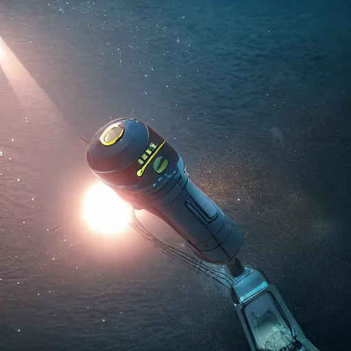 Image similar to robot submarine exploring the ocean floor with its searchlights on, movie scene, raytracing, stunning scene, beautiful lighting