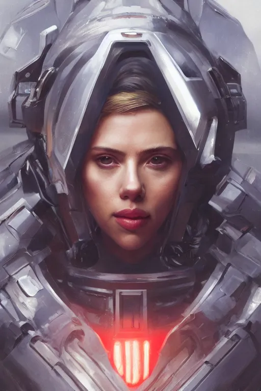 Image similar to a fancy portrait of a Scarlett Johansson wearing sci-fi armour by Greg Rutkowski, Sung Choi, Mitchell Mohrhauser, Maciej Kuciara, Johnson Ting, Maxim Verehin, Peter Konig, final fantasy , mythical, 8k photorealistic, cinematic lighting, HD, high details, atmospheric,